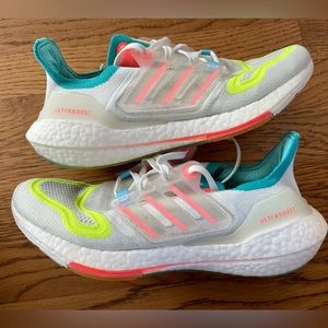 Adidas Ultraboost 22 Running Shoes, Women’s size 8, white, pink, blue, green